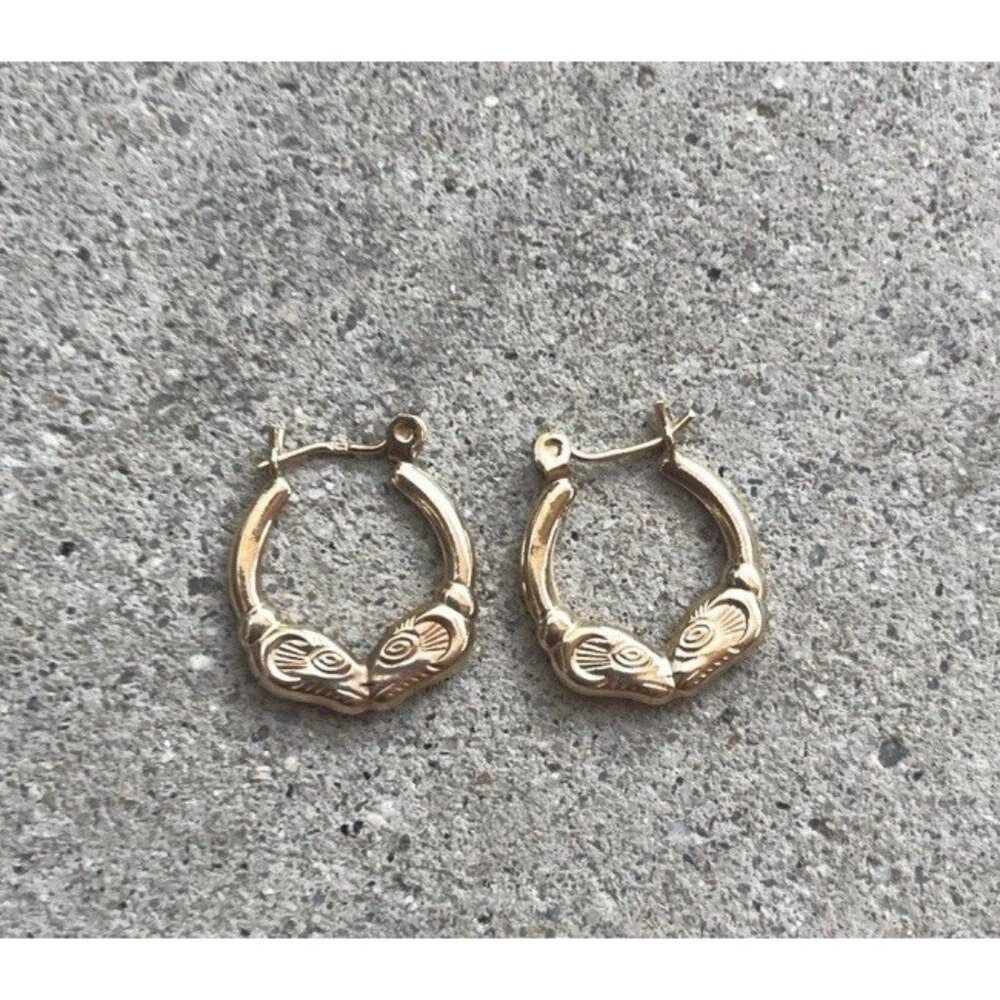 14k Yellow Gold Stamped Ram Head Hoop Vintage Women’s Earrings Hollow